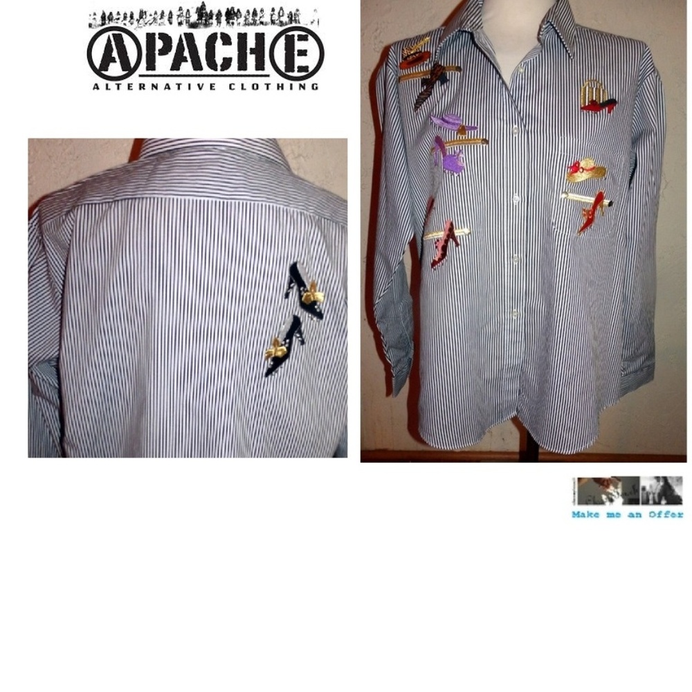 Apache NWOT Black Pinstripe Shirt Shoe Embroidered